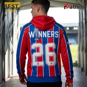 Crystal Palace FC 2026 UEFA Conference League Winners Hoodie 2 Red and blue striped soccer hoodie with WINNERS text and number 26 on the back!
