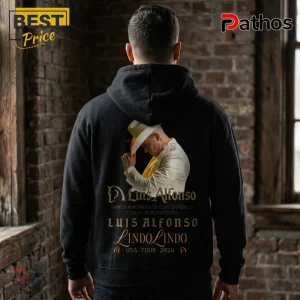 Luis Alfonso Lindo Lindo USA Tour 2026 Black Pullover Hoodie 3 Black hoodie with Luis Alfonso photo wearing white suit and hat plus Lindo Lindo USA Tour 2026 text graphics!