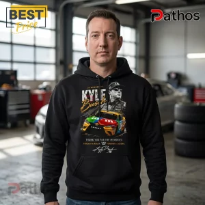 Kyle Busch 1985-2026 Thank You For The Memories Tribute Hoodie 1 Black hoodie with Kyle Busch portrait, number 18 race car graphic, and text In Memory Of Kyle Busch thank you for memories!