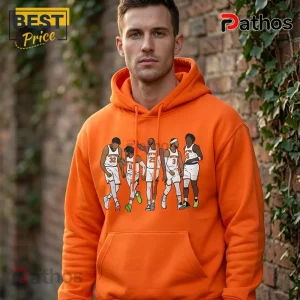 New York Knicks Orange Player Signature Pullover Hoodie 2026 1 Bright orange hoodie featuring a graphic illustration of five basketball players in white uniforms!