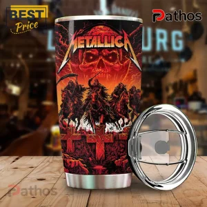 Metallica M72 World Tour 2026 Skull Tumbler 2 Metallica tumbler with red and black heavy metal skull artwork and horsemen graphic on a stainless steel travel mug!