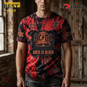 Red and black tie dye AC/DC Back In Black vintage band t-shirt with distressed edges and heavy metal bell graphic!