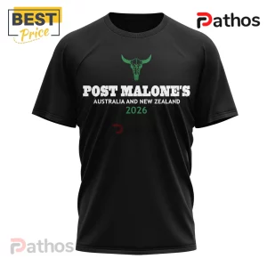 Black graphic t-shirt with green bull skull icon, white text Post Malone's Australia and New Zealand 2026 tour print!