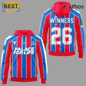 Crystal Palace FC 2026 UEFA Conference League Winners Hoodie 4 Red and blue striped soccer hoodie with Palace For Life text and Winners 26 graphic on the back!