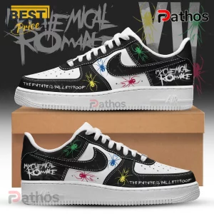 Custom black and white sneakers with My Chemical Romance text and colorful spider graphics!