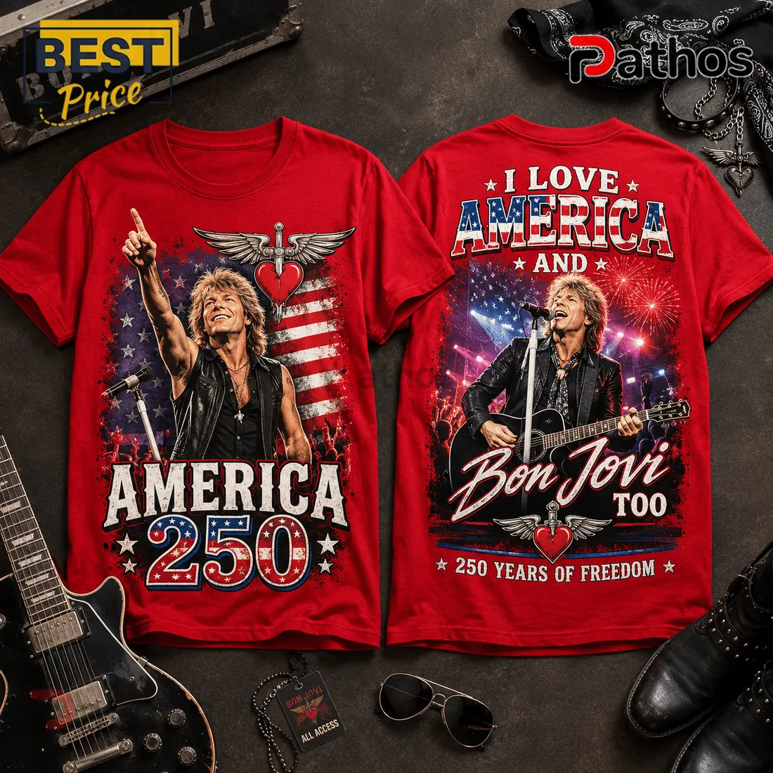 Bon Jovi America 250 Years Of Freedom Patriotic Red Graphic T-Shirt Bon Jovi America 250 Years Of Freedom Patriotic Red Graphic T-Shirt