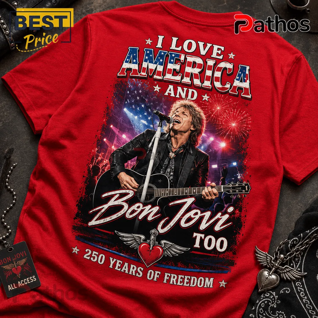 Bon Jovi America 250 Years Of Freedom Patriotic Red Graphic T-Shirt Bon Jovi America 250 Years Of Freedom Patriotic Red Graphic T-Shirt