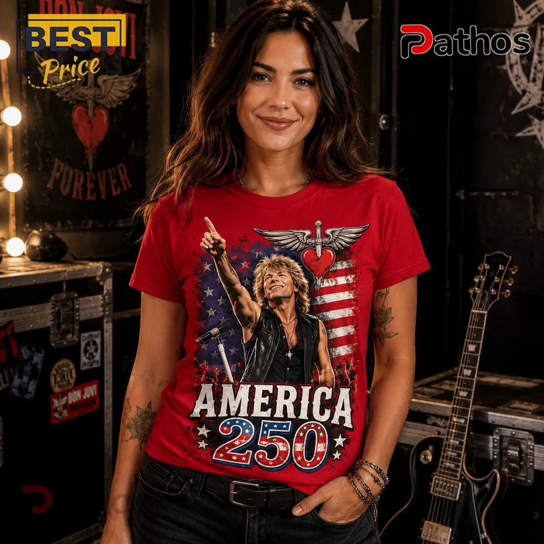 Bon Jovi America 250 Years Of Freedom Patriotic Red Graphic T-Shirt Bon Jovi America 250 Years Of Freedom Patriotic Red Graphic T-Shirt