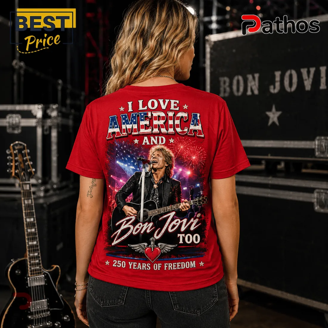 Bon Jovi America 250 Years Of Freedom Patriotic Red Graphic T-Shirt Bon Jovi America 250 Years Of Freedom Patriotic Red Graphic T-Shirt