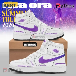 Rita Ora Summer Tour 2026 Limited Edition Air Jordan 1 Sneakers 1 Custom Rita Ora Summer Tour 2026 white high top sneakers with purple swoosh and singer autograph graphic details!