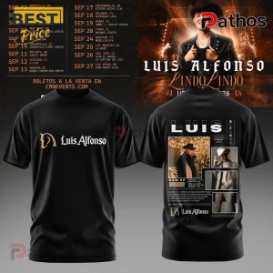 Luis Alfonso Lindo Lindo USA Tour 2026 Limited Edition Hoodie 3 Black t-shirt with white and gold Luis Alfonso logo on front and collage photo print with tour details on back!