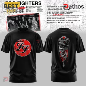 Foo Fighters Take Cover Tour 2026 Concert Pullover Hoodie 3 Black Foo Fighters tour t-shirt with red circle logo on front and skull rose graphic on back!