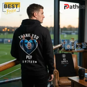 Black hoodie with Thank You Pep text heart graphic and trophy icons on back showing Pep Guardiola with hands raised!
