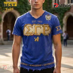 Blue distressed t-shirt with Sigma Gamma Rho Greek letters, EST 1922, poodle graphic, and Service Scholarship Sisterhood text!