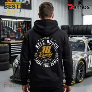 Kyle Busch 1985-2026 Thank You For The Memories Tribute Hoodie 2 Black hoodie with white and gold In Memory Of Kyle Busch 18 Rowdy graphic on back, racing theme with checkered flags!