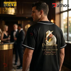 Black baseball jersey featuring Luis Alfonso graphic with cowboy hat and Lindo Lindo USA Tour 2026 text on back!