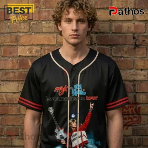 Black button up baseball jersey with red sleeve stripes and MGK Wiz Khalifa Lost Americana tour graphic print!