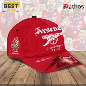 Arsenal FC The Gunners Premier League Champions 25/26 Classic Cap 1 Red Arsenal FC 25/26 Champions baseball cap with white graphics and club crest on wood background!