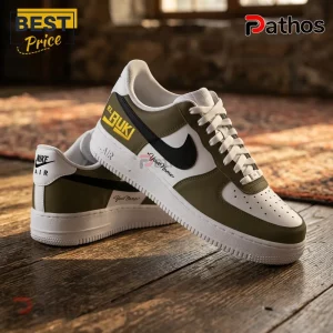 El Buki Marco Antonio Solís Gratitud Tour 2026 Air Force 1 Sneakers 1 Custom olive green and white Nike Air sneakers with El Buki text and Your Name personalization on wood floor!