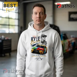 Kyle Busch 1985-2026 Memorial Thank You For The Memories Hoodie 3 White hoodie with a graphic print of Kyle Busch, his M and M race car, and text reading In Memory of Kyle Busch.!