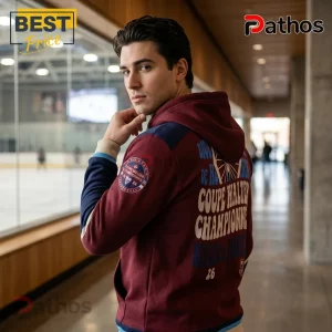 Maroon and blue varsity hoodie featuring Coupe Walter Championne 26 text and retro sports graphics on back and sleeve!