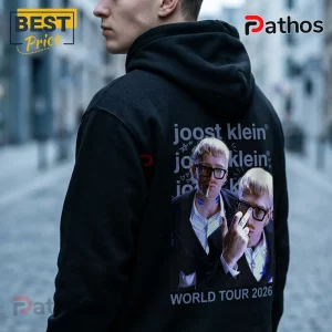Joost Klein Midnight Echo World Tour 2026 Pullover Hoodie 1 Black hoodie with back graphic of Joost Klein, text says joost klein and WORLD TOUR 2026, modern streetwear aesthetic!