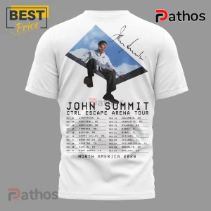 John Summit CTRL Escape Tour 2026 Limited Edition Shirt 4 White t-shirt with John Summit photo, autograph, and Ctrl Escape Arena Tour dates in a graphic print layout!