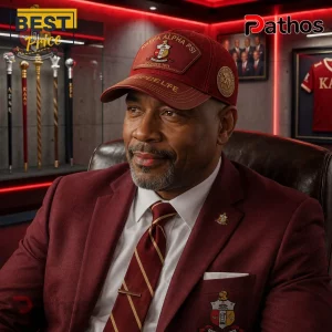 Kappa Alpha Psi Nupe Life Crimson Leather Brim Embroidered Baseball Cap 3 Red baseball cap with Kappa Alpha Psi text and shield logo with Kapee Life embroidery on the visor!