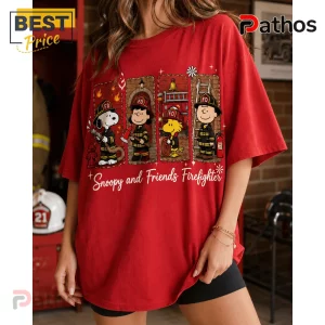 Peanuts Snoopy and Friends Fire Department Red Graphic T-Shirt 3 Red t-shirt featuring Snoopy and Friends dressed as firefighters with the text Snoopy and Friends Firefighter!