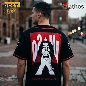 Black baseball jersey with red graphic block, white Osamason portrait, and Osamason Psykturnal Tour text on back!