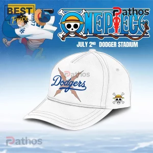 Los Angeles Dodgers x One Piece 2026 Limited Edition Baseball Jersey 3 White baseball cap with blue Dodgers text and One Piece skull logo graphic design!
