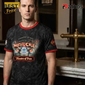 Black Motley Crue Carnival of Sins Theatre of Pain ringer t-shirt with red collar and gothic pentagram print!