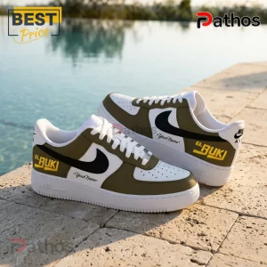 El Buki Marco Antonio Solís Gratitud Tour 2026 Air Force 1 Sneakers 2 Custom olive green and white sneakers with black swoosh, yellow EL BUKI text, and Your Name script on textured poolside.!
