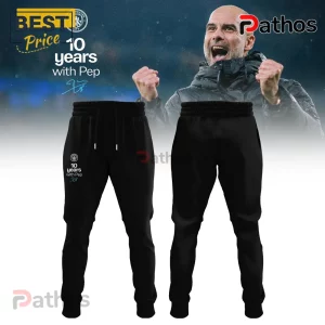 Black sweatpants featuring Manchester City logo and 10 years with Pep text with blue signature graphic!