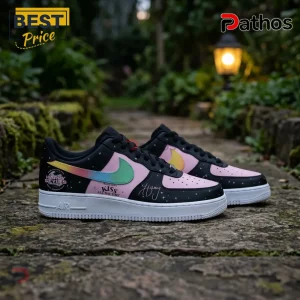 Custom black and pink sneakers with rainbow swoosh and Harry Styles Kiss All The Time text on stone path!