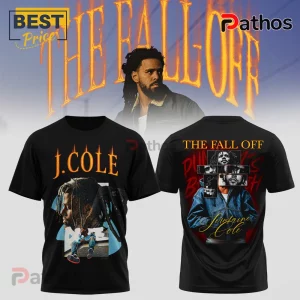 J. Cole The Fall Off Australia Collection Pullover Hoodie 2 Black graphic t-shirt featuring J Cole photo, orange text The Fall Off, and vintage hip hop concert aesthetic design!