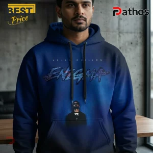 Navy blue hoodie with Arjan Dhillon Enigma text and portrait graphic in glittery style on front!