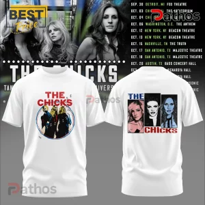 The Chicks Long Way 2026 Faces Anniversary Concert Tour Hoodie 3 White t-shirt with The Chicks band graphic on front and three portraits on back with red and blue typography!