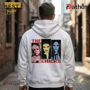 The Chicks Long Way 2026 Faces Anniversary Concert Tour Hoodie 2 White hoodie with a back print of The Chicks in red, yellow, and blue artistic panels with red text!
