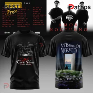 Eslabon Armado Amor Nocturno 2026 Tour Hoodie 2 Black graphic tee with Eslabon Armado tour dates, tree silhouette, and Vibras De Noche II night beach door artwork!