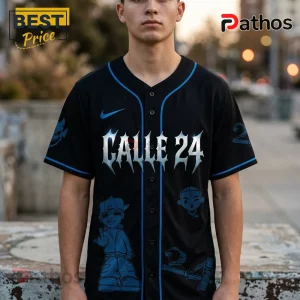 Black baseball jersey with blue trim featuring Calle 24 chrome lettering and blue cartoon hip hop character graphics!