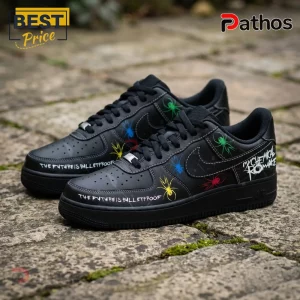 Black sneakers featuring colorful spider graphics and My Chemical Romance text with The Future Is Bulletproof slogan!