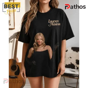 Black graphic t-shirt featuring Lauren Alaina in a black dress with gold script text on the left chest.!
