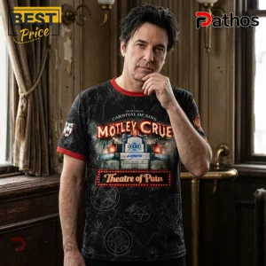 Black Motley Crue Carnival of Sins Theatre of Pain graphic t-shirt with red trim and occult pentagram chain pattern!