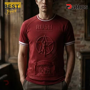 Rush Progressive Rock Legends Starman Embossed Effect Burgundy T-Shirt 1 Red ringer t-shirt with embossed Rush band logo, starman graphic, and 1968 concert stage print in monochrome red design!