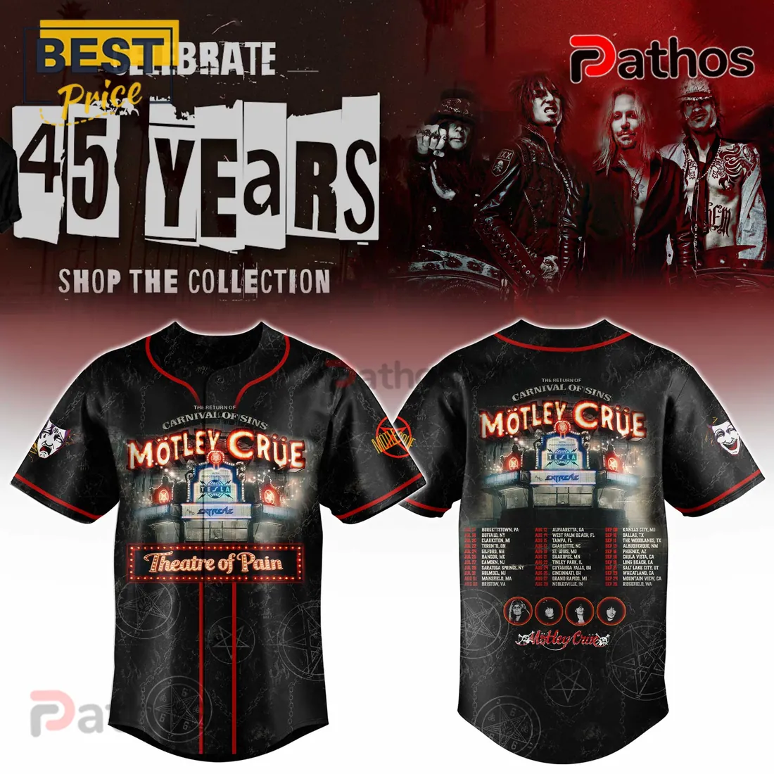 Motley Crue 45th Anniversary Carnival of Sins Tour Baseball Jersey Motley Crue 45th Anniversary Carnival of Sins Tour Baseball Jersey