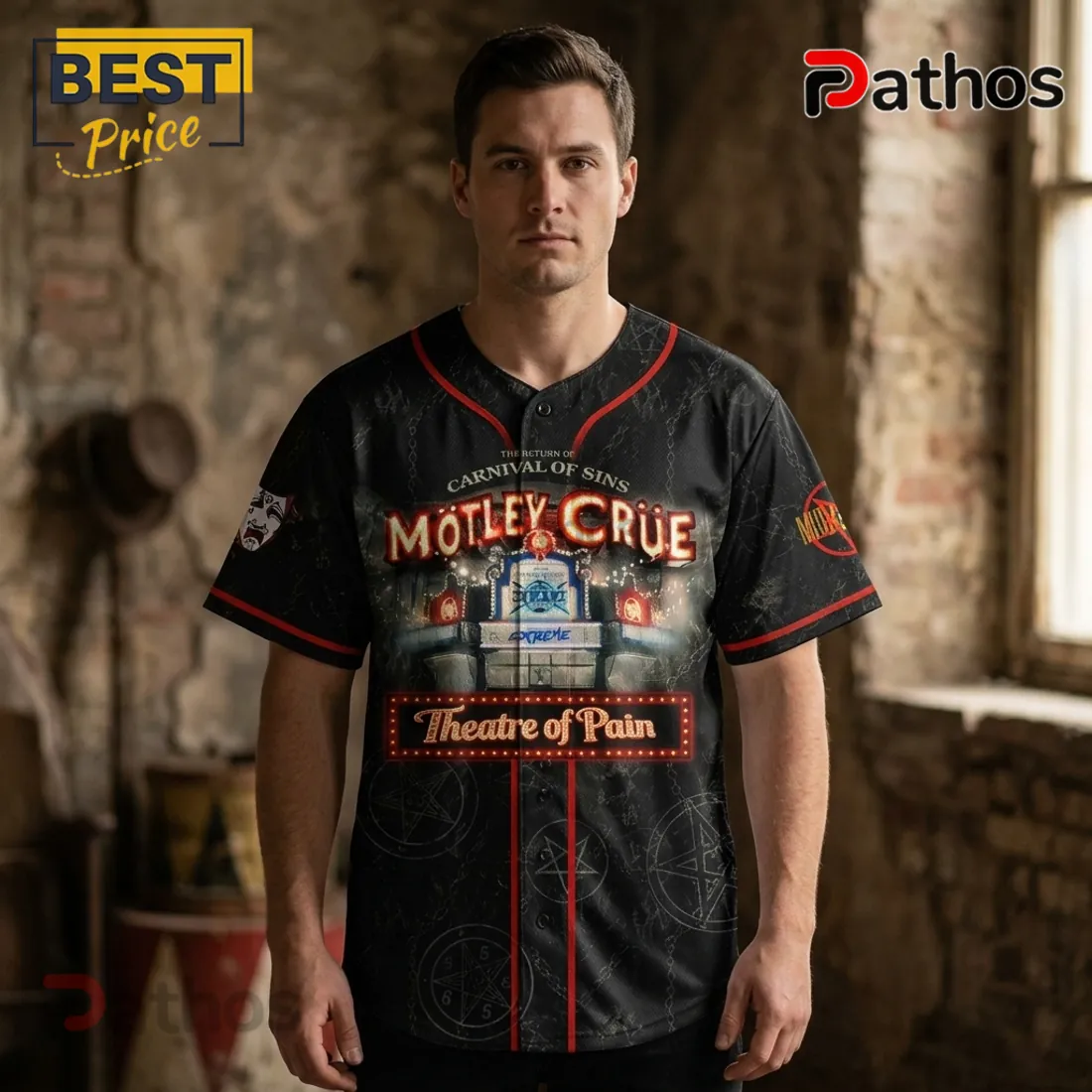 Motley Crue 45th Anniversary Carnival of Sins Tour Baseball Jersey Motley Crue 45th Anniversary Carnival of Sins Tour Baseball Jersey