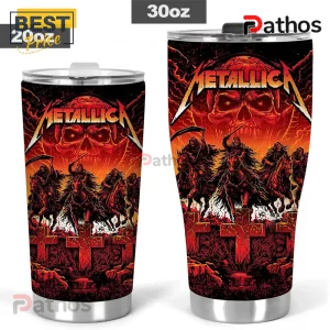 Metallica M72 World Tour 2026 Skull Tumbler 4 Metallica tumbler with red skull and horsemen graphic on stainless steel background!