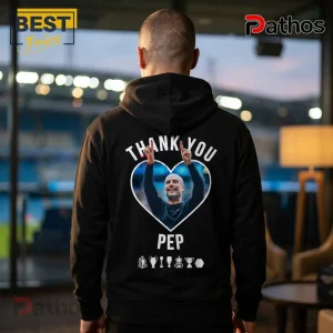 Black hoodie with heart graphic featuring Pep Guardiola with hands raised text THANK YOU PEP and football trophy icons!