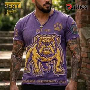 Omega Psi Phi 1911 Que Dog Mascot Distressed Purple Gold T-Shirt 1 Purple distressed v-neck t-shirt with gold bulldog embroidery, paw print, and EST 1911 text on a tattooed man!
